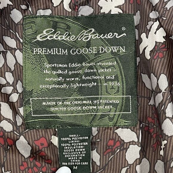 Eddie Bauer Jacket Womens Medium Brown Premium Goose Down Puffer Floral Full Zip - Picture 4 of 16
